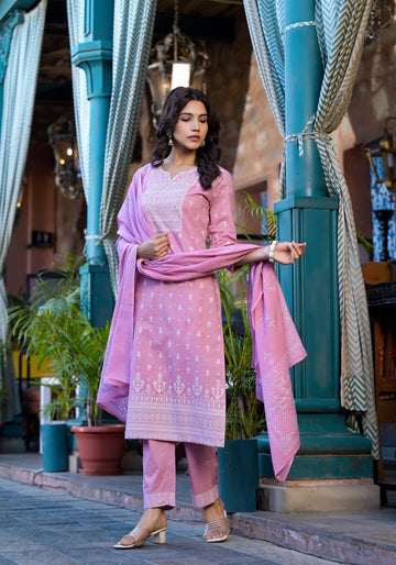 Varanga Women Pink Rubber Printed, Embellished Straight Kurta Paired With Bottom And Dupatta